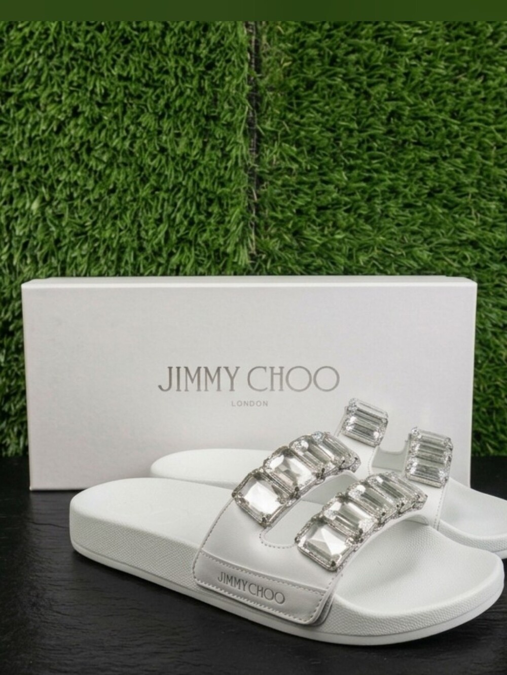 🌟Jimmy Choo White Crystal-Strap Slide Sandals